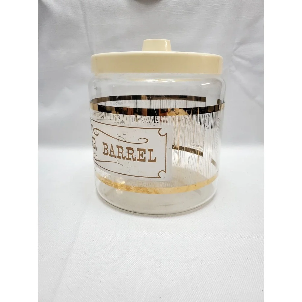 1960's Pyrex The Cracker Barrel Glass Cookie Candy Canister Jar Clear Gold W/Lid